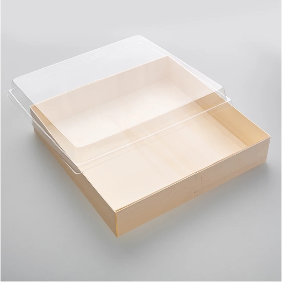 Folding Wooden Food Box 9.4"x9.4"x1.8" with PET lid